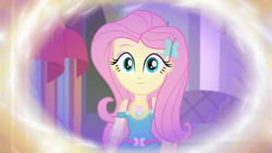 Size: 1920x1080 | Tagged: safe, screencap, character:fluttershy, episode:overpowered, g4, my little pony:equestria girls, clothing, cute, dress, geode of fauna, looking at you, magical geodes, shyabetes, solo