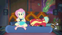 Size: 1920x1080 | Tagged: safe, screencap, character:fluttershy, character:sunset shimmer, episode:game stream, g4, my little pony:equestria girls, angry, animated, blep, controller, converse, couch, crying, eyeshadow, face down ass up, feet, frown, glare, hair ornament, headphones, headset, kicking, kneeling, lidded eyes, looking sideways, makeup, meme, music, open mouth, psycho gamer sunset, rage, rage face, sandals, screaming, shoes, sitting, smiling, smirk, smug, smugshy, sneakers, sound, sunsetting, tongue out, video game, webm, wide eyes