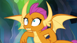 Size: 1666x937 | Tagged: safe, screencap, character:smolder, species:dragon, episode:what lies beneath, g4, my little pony: friendship is magic, bags under eyes, clenched fist, dragoness, embarrassed, female, looking up, solo, spread wings, wavy mouth, wide eyes, wings