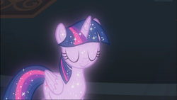 Size: 1669x938 | Tagged: safe, screencap, character:tree of harmony, character:treelight sparkle, character:twilight sparkle, species:alicorn, species:pony, episode:what lies beneath, g4, my little pony: friendship is magic, eyes closed, female, implied twilight sparkle, mare, smiling, solo, sparkles, tree of harmony, treelight sparkle