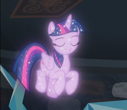 Size: 860x746 | Tagged: safe, screencap, character:tree of harmony, character:treelight sparkle, character:twilight sparkle, species:alicorn, species:pony, episode:what lies beneath, g4, my little pony: friendship is magic, cropped, eyes closed, female, floating, implied twilight sparkle, smiling, solo, sparkles, tree of harmony, treelight sparkle