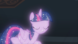 Size: 1666x938 | Tagged: safe, screencap, character:tree of harmony, character:treelight sparkle, character:twilight sparkle, species:alicorn, species:pony, episode:what lies beneath, g4, my little pony: friendship is magic, eyes closed, female, implied twilight sparkle, mare, smiling, solo, sparkles, tree of harmony, treelight sparkle