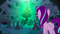 Size: 1440x809 | Tagged: safe, screencap, character:starlight glimmer, character:thorax, species:pony, species:unicorn, episode:to where and back again, g4, my little pony: friendship is magic, changeling hive, chrysalis' throne, disguise, disguised changeling, female, mare, plot, solo, throne