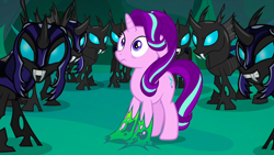 Size: 1440x810 | Tagged: safe, screencap, character:starlight glimmer, character:thorax, species:changeling, species:pony, species:unicorn, episode:to where and back again, g4, my little pony: friendship is magic, changeling guard, changeling slime, disguise, disguised changeling, fake starlight glimmer, female, mare, slime, stuck