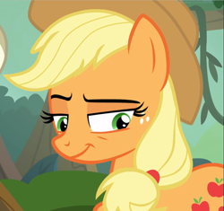 Size: 999x938 | Tagged: safe, screencap, character:applejack, species:earth pony, species:pony, episode:sounds of silence, g4, my little pony: friendship is magic, cropped, female, lidded eyes, looking sideways, mare, smiling, smirk, smug, smugjack, solo