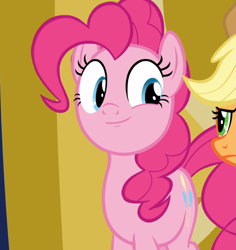 Size: 883x935 | Tagged: safe, screencap, character:pinkie pie, species:earth pony, species:pony, episode:father knows beast, g4, my little pony: friendship is magic, cropped, female, looking at someone, offscreen character, smiling, solo focus