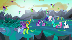 Size: 1440x810 | Tagged: safe, screencap, character:princess cadance, character:princess celestia, character:princess flurry heart, character:princess luna, character:shining armor, character:starlight glimmer, character:thorax, character:trixie, character:twilight sparkle, character:twilight sparkle (alicorn), species:alicorn, species:changeling, species:pony, species:reformed changeling, species:unicorn, episode:to where and back again, g4, my little pony: friendship is magic, changeling hive, changeling king, cocoon, ethereal mane, female, filly, foal, male, mare, royal sisters, rubble, stallion