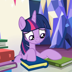 Size: 888x890 | Tagged: safe, screencap, character:twilight sparkle, character:twilight sparkle (alicorn), species:alicorn, species:pony, episode:father knows beast, g4, my little pony: friendship is magic, book, cropped, female, sitting, smiling, solo