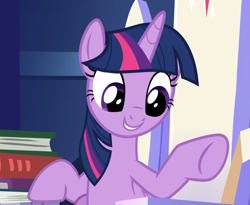 Size: 1143x936 | Tagged: safe, screencap, character:twilight sparkle, character:twilight sparkle (alicorn), species:alicorn, species:pony, episode:father knows beast, g4, my little pony: friendship is magic, book, cropped, cute, female, sitting, smiling, solo, twiabetes, underhoof