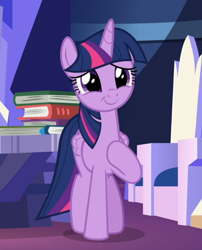 Size: 716x885 | Tagged: safe, screencap, character:twilight sparkle, character:twilight sparkle (alicorn), species:alicorn, species:pony, episode:father knows beast, g4, my little pony: friendship is magic, book, cropped, female, folded wings, happy, hoof on chest, indoors, smiling, solo, wings