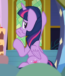 Size: 562x655 | Tagged: safe, screencap, character:twilight sparkle, character:twilight sparkle (alicorn), species:alicorn, species:pony, episode:father knows beast, g4, my little pony: friendship is magic, cropped, female, looking back, rear view, solo