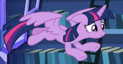 Size: 1512x791 | Tagged: safe, screencap, character:twilight sparkle, character:twilight sparkle (alicorn), species:alicorn, species:pony, episode:father knows beast, g4, my little pony: friendship is magic, bookshelf, cropped, female, floppy ears, flying, ladder, mare, solo, spread wings, sympathy, wings