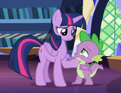 Size: 1003x771 | Tagged: safe, screencap, character:spike, character:twilight sparkle, character:twilight sparkle (alicorn), species:alicorn, species:dragon, species:pony, episode:father knows beast, g4, my little pony: friendship is magic, comforting, cropped, female, male, smiling, winged spike