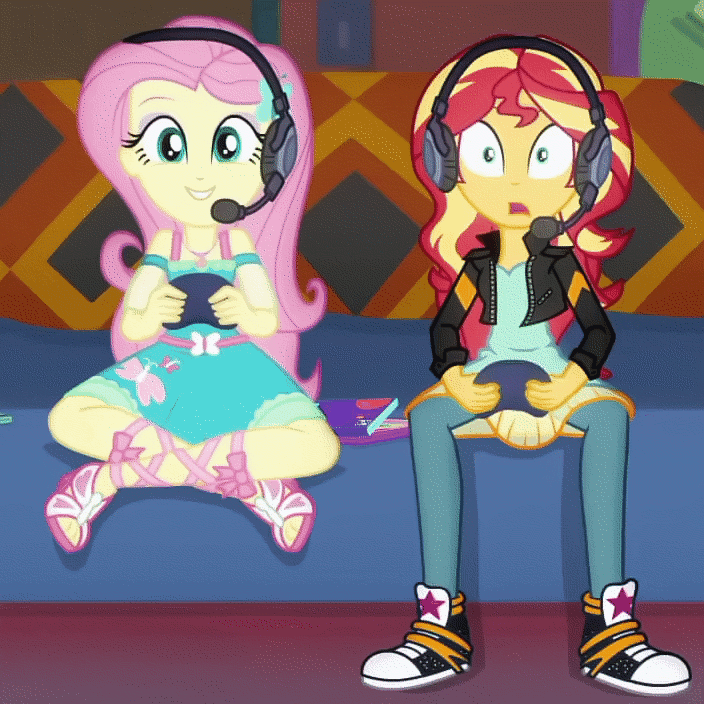 Size: 704x704 | Tagged: safe, screencap, character:fluttershy, character:sunset shimmer, episode:game stream, g4, my little pony:equestria girls, animated, clothing, converse, cropped, cute, gamer sunset, gamershy, giggling, headphones, looped, pun in the tags, shimmy, shoes, sneakers, stunned, sunset gamer, video game