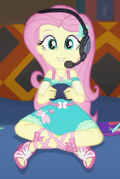 Size: 394x586 | Tagged: safe, screencap, character:fluttershy, episode:game stream, g4, my little pony:equestria girls, animated, clothing, controller, cropped, cute, eyeliner, feet, female, gamershy, geode of fauna, gif, giggling, happy, headphones, headset, hnnng, looped, magical geodes, makeup, perfect loop, playing video games, sandals, shimmy, shoes, shyabetes, smiling, solo