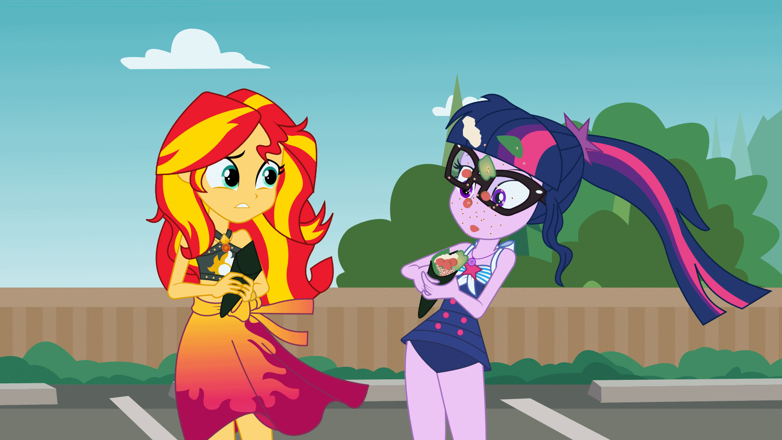 Size: 1600x900 | Tagged: artist needed, safe, screencap, character:sunset shimmer, character:twilight sparkle, character:twilight sparkle (scitwi), species:eqg human, episode:x marks the spot, g4, my little pony:equestria girls, animated, bikini, clothing, cute, food, sleeveless, sushi, swimsuit