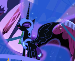 Size: 1140x936 | Tagged: safe, screencap, character:nightmare moon, character:princess luna, species:alicorn, species:pony, episode:friendship is magic, g4, my little pony: friendship is magic, armor, cropped, ethereal mane, evil laugh, eyes closed, female, galaxy mane, jewelry, mare, open mouth, regalia, spread wings, wings