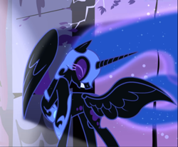 Size: 1138x938 | Tagged: safe, screencap, character:nightmare moon, character:princess luna, species:alicorn, species:pony, episode:friendship is magic, g4, my little pony: friendship is magic, armor, blinded, castle of the royal pony sisters, cropped, ethereal mane, eyes closed, female, galaxy mane, jewelry, mare, raised hoof, regalia, solo, wings