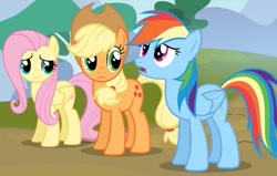 Size: 1098x698 | Tagged: safe, screencap, character:applejack, character:fluttershy, character:rainbow dash, species:earth pony, species:pegasus, species:pony, episode:spike at your service, g4, my little pony: friendship is magic, female, mare
