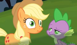 Size: 1483x865 | Tagged: safe, screencap, character:applejack, character:spike, species:dragon, species:earth pony, species:pony, episode:spike at your service, g4, my little pony: friendship is magic, female, male, mare, scrunchy face, smell