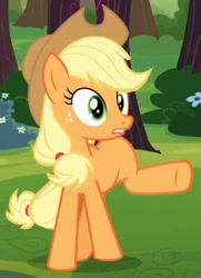 Size: 483x667 | Tagged: safe, screencap, character:applejack, species:earth pony, species:pony, episode:spike at your service, g4, my little pony: friendship is magic, female, mare, missing cutie mark, out of context, raised leg