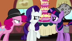 Size: 1280x720 | Tagged: safe, screencap, character:pinkie pie, character:rarity, character:twilight sparkle, character:twilight sparkle (unicorn), species:pony, species:unicorn, episode:mmmystery on the friendship express, g4, my little pony: friendship is magic, cake, food, marzipan mascarpone meringue madness, saddle bag