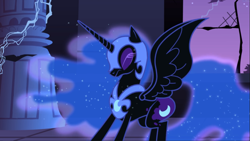 Size: 1667x938 | Tagged: safe, screencap, character:nightmare moon, character:princess luna, species:alicorn, species:pony, episode:friendship is magic, g4, my little pony: friendship is magic, armor, castle of the royal pony sisters, ethereal mane, eyes closed, female, galaxy mane, jewelry, mare, regalia, solo