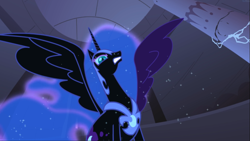 Size: 1667x938 | Tagged: safe, screencap, character:nightmare moon, character:princess luna, species:alicorn, species:pony, episode:friendship is magic, g4, my little pony: friendship is magic, armor, castle of the royal pony sisters, ethereal mane, female, galaxy mane, mare, satisfying frown, spread wings, wings