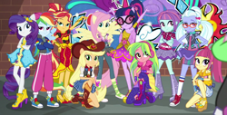 Size: 1308x666 | Tagged: safe, screencap, character:applejack, character:fluttershy, character:pinkie pie, character:rainbow dash, character:rarity, character:sour sweet, character:sugarcoat, character:sunny flare, character:sunset shimmer, character:twilight sparkle, character:twilight sparkle (scitwi), species:eqg human, equestria girls:dance magic, g4, my little pony:equestria girls, armpits, converse, cropped, crystal prep shadowbolts, graffiti, looking at you, shoes, sneakers