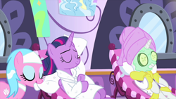 Size: 1280x720 | Tagged: safe, screencap, character:aloe, character:rarity, character:twilight sparkle, character:twilight sparkle (alicorn), species:alicorn, species:pony, episode:rarity's biggest fan, alternate hairstyle, cucumber, food, mud mask, towel on head