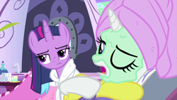 Size: 1280x720 | Tagged: safe, screencap, character:rarity, character:twilight sparkle, species:pony, episode:rarity's biggest fan, alternate hairstyle, clothing, duo, loose hair, mud mask, one eye closed, robe, spa robe, towel