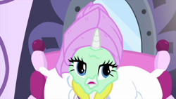 Size: 1280x720 | Tagged: safe, screencap, character:rarity, species:pony, species:unicorn, episode:rarity's biggest fan, bathrobe, clothing, female, mare, mud mask, open mouth, robe, solo, towel on head