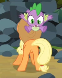 Size: 399x502 | Tagged: safe, screencap, character:applejack, character:spike, species:dragon, species:earth pony, species:pony, episode:spike at your service, g4, my little pony: friendship is magic, female, male, mare, mine!, out of context, plot