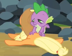 Size: 454x355 | Tagged: safe, screencap, character:applejack, character:spike, species:dragon, species:earth pony, species:pony, episode:spike at your service, g4, my little pony: friendship is magic, butt, butt touch, female, hand on butt, male, mare, out of context, plot