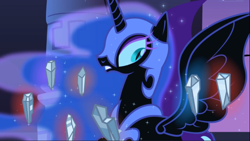 Size: 1668x939 | Tagged: safe, screencap, character:nightmare moon, character:princess luna, species:alicorn, species:pony, episode:friendship is magic, g4, my little pony: friendship is magic, castle of the royal pony sisters, ethereal mane, female, galaxy mane, jewelry, looking at something, magic, mare, regalia, satisfying frown, shards, solo