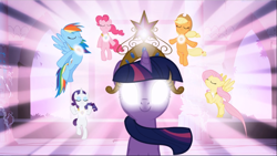 Size: 1667x940 | Tagged: safe, screencap, character:applejack, character:fluttershy, character:pinkie pie, character:rainbow dash, character:rarity, character:twilight sparkle, character:twilight sparkle (unicorn), species:earth pony, species:pegasus, species:pony, species:unicorn, episode:friendship is magic, g4, my little pony: friendship is magic, big crown thingy, castle of the royal pony sisters, element of generosity, element of honesty, element of kindness, element of laughter, element of loyalty, element of magic, elements of harmony, eyes closed, female, floating, glowing eyes, jewelry, light, magic, mane six, mare, necklace, regalia, smiling, the elements in action, this will end in pain