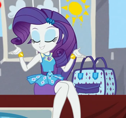 Size: 1038x971 | Tagged: safe, screencap, character:rarity, episode:best trends forever, g4, my little pony:equestria girls, bag, beautiful, best trends forever: rainbow dash, bracelet, cropped, cute, desk, eyes closed, female, geode of shielding, handbag, jewelry, legs, magical geodes, pencil skirt, raribetes, shrug, smiling, solo, sun, weather