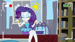 Size: 1920x1080 | Tagged: safe, screencap, character:rarity, episode:best trends forever, g4, my little pony:equestria girls, bag, beautiful, best trends forever: rainbow dash, bracelet, cute, desk, eyes closed, geode of shielding, handbag, jewelry, legs, magical geodes, raribetes, shrug, smiling, sun