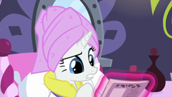 Size: 1280x720 | Tagged: safe, screencap, character:rarity, species:pony, species:unicorn, episode:rarity's biggest fan, female, magic, ponyville spa, raised eyebrow, solo, spa, towel on head