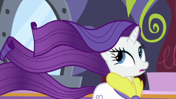 Size: 1280x720 | Tagged: safe, screencap, character:rarity, species:pony, species:unicorn, episode:rarity's biggest fan, bathrobe, clothing, female, looking back, mare, open mouth, robe, solo