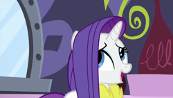 Size: 1280x720 | Tagged: safe, screencap, character:rarity, species:pony, species:unicorn, episode:rarity's biggest fan, bathrobe, clothing, female, mare, open mouth, robe, smiling, solo