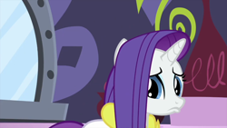 Size: 1280x720 | Tagged: safe, screencap, character:rarity, species:pony, species:unicorn, episode:rarity's biggest fan, bathrobe, clothing, female, mare, pouting, robe, solo