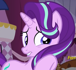 Size: 971x892 | Tagged: safe, screencap, character:starlight glimmer, species:pony, species:unicorn, episode:fame and misfortune, g4, my little pony: friendship is magic, cropped, discovery family logo, lip bite, solo