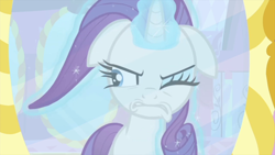 Size: 1280x720 | Tagged: safe, screencap, character:rarity, species:pony, species:unicorn, episode:rarity's biggest fan, annoyed, female, floppy ears, glowing horn, horn, mare, mirror, one eye closed, solo