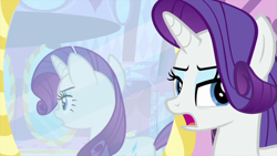 Size: 1280x720 | Tagged: safe, screencap, character:rarity, species:pony, species:unicorn, episode:rarity's biggest fan, female, mare, mirror, open mouth, solo