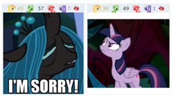 Size: 441x246 | Tagged: safe, screencap, character:mean twilight sparkle, character:ocellus, character:queen chrysalis, species:changedling, species:changeling, derpibooru, episode:the mean 6, episode:what lies beneath, g4, my little pony: friendship is magic, caption, changeling queen, clone, crying, disguise, disguised changeling, female, image macro, juxtaposition, meta, sad, text