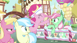 Size: 1334x750 | Tagged: safe, screencap, character:cultivar, character:lily, character:lily valley, character:minty, character:pinkie pie, species:earth pony, species:pony, episode:sundae sundae sundae, g4, clothing, female, fence, g3 to g4, generation leap, hat, mare, official recolor, recolor, youtube, youtube link