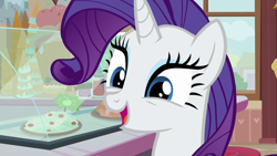 Size: 1280x720 | Tagged: safe, screencap, character:rarity, species:pony, species:unicorn, episode:forever filly, g4, my little pony: friendship is magic, cake, chair, cute, female, food, happy, mare, raribetes, smiling, solo