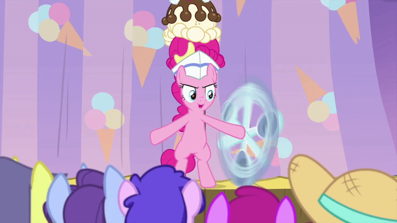 Size: 800x450 | Tagged: safe, screencap, character:berry punch, character:berryshine, character:comet tail, character:neon lights, character:november rain, character:pinkie pie, character:plumberry, character:rising star, species:earth pony, species:pony, episode:sundae sundae sundae, animated, background pony, bipedal, clothing, curtains, dexterous hooves, female, friendship student, good trick, hat, mare, nose in the air, solo focus, spinning, spoon, stage, twirling