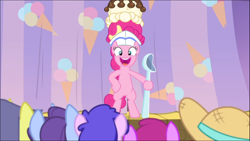 Size: 1368x770 | Tagged: safe, screencap, character:berry punch, character:berryshine, character:comet tail, character:november rain, character:pinkie pie, character:plumberry, species:earth pony, species:pony, episode:sundae sundae sundae, background pony, bipedal, clothing, curtains, female, friendship student, hat, hooves on hips, mare, open mouth, smiling, solo focus, spoon